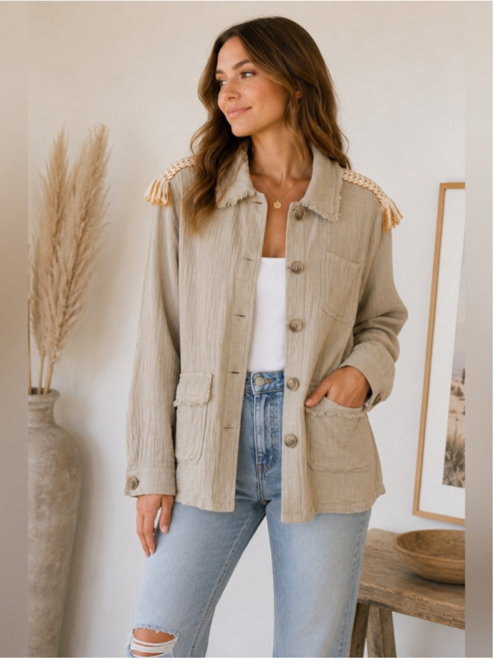Mystree Beige Fringe-Shoulder Utility Jacket Size M Boho Cottagecore Festival